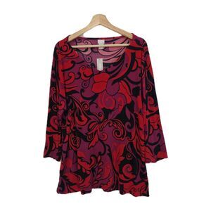 New Chicos Travelers Drama Print V Neck Top Long Sleeve Red Black Size 22-24 (4)